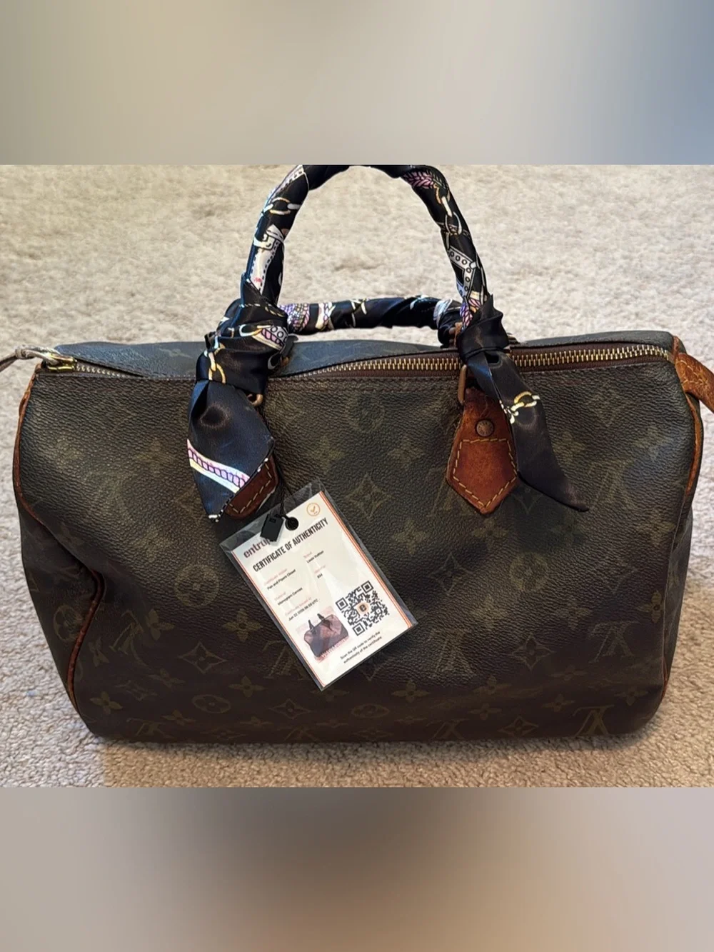 Louis Vuitton speedy 30 Monogram Tote with Black Scarf-Wrapped Handles